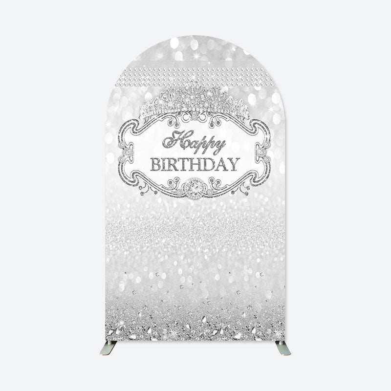 Lofaris Silver Diamond Glitter Crown Happy Birthday Arch Backdrop