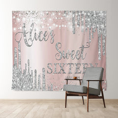 Lofaris Silver Glitter Rose Gold Custom 16th Birthday Backdrop