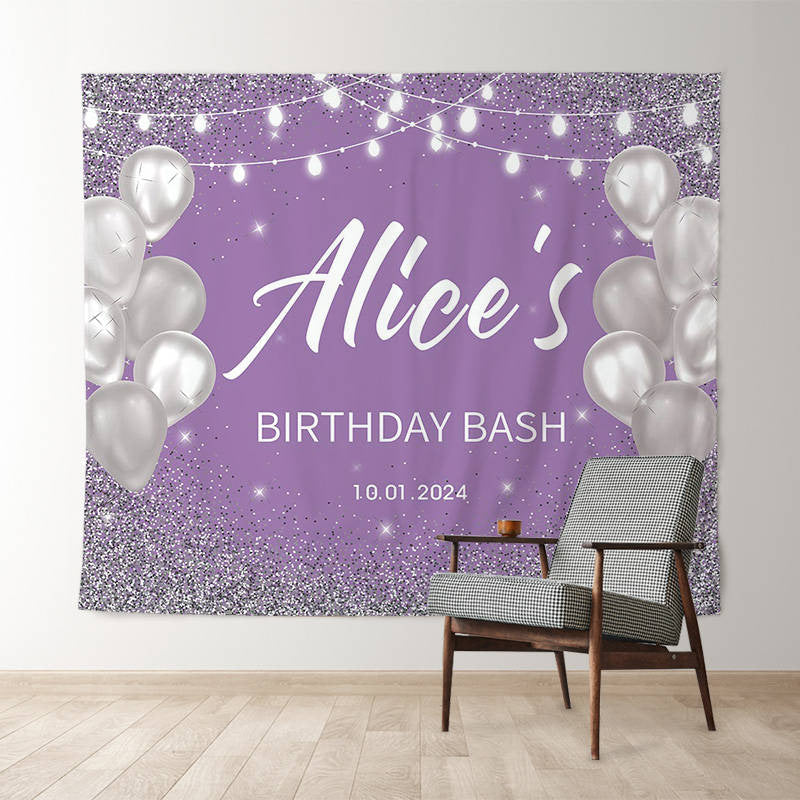 Lofaris Silver Glitter Soft Purple Custom Name Birthday Backdrop