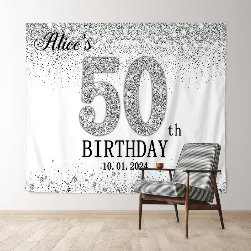 Lofaris Silver Glitter White Custom 50th Birthday Backdrop