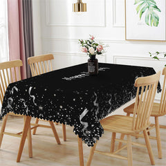 Lofaris Silver Ribbons Glitter Black Happy New Year Tablecloth