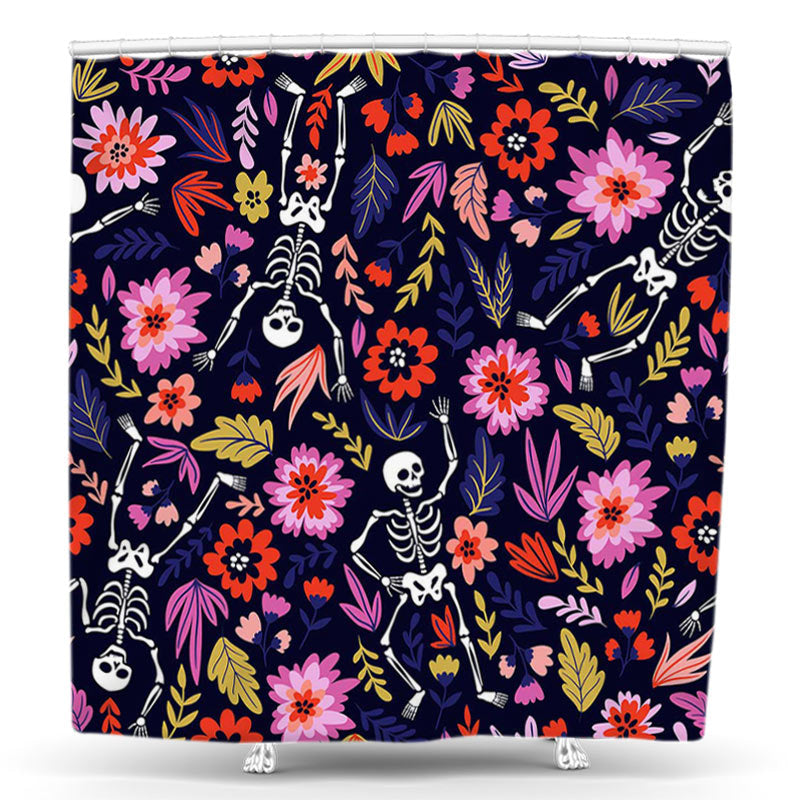 Lofaris Skeleton Halloween Red Floral Bathroom Shower Curtain