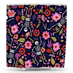 Lofaris Skeleton Halloween Red Floral Bathroom Shower Curtain