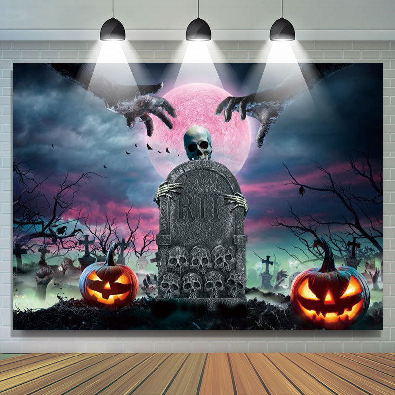 Skull Graveyard Tombstone Red Mood Halloween Backdrop - Lofaris