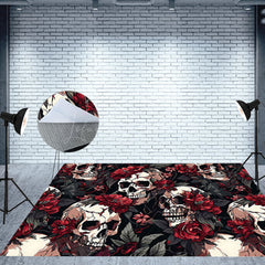 Lofaris Skulls Red Floral Halloween Fabric Floor Backdrop