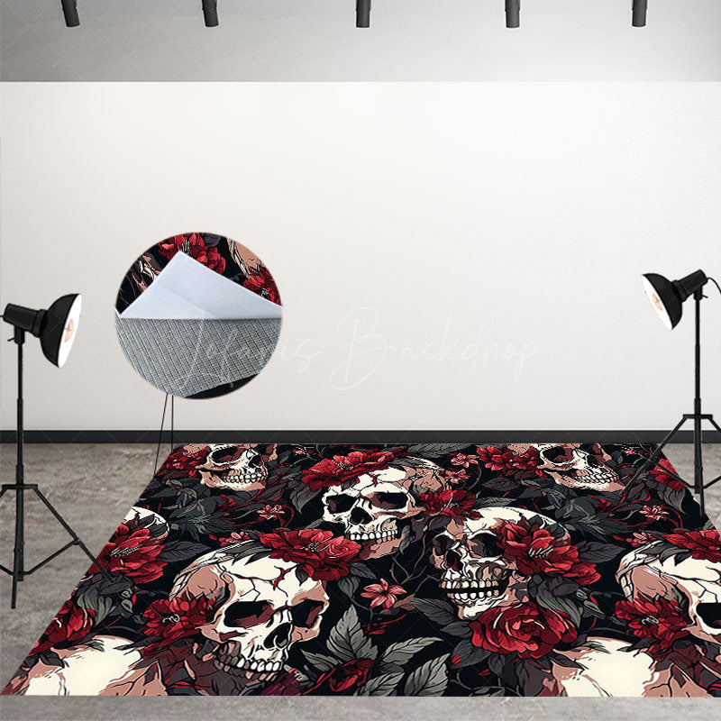 Lofaris Skulls Red Floral Halloween Fabric Floor Backdrop