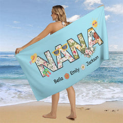 Lofaris Sky Blue Nana Custom Beach Towel with Kids Name