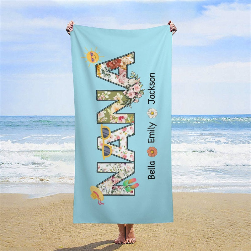 Lofaris Sky Blue Nana Custom Beach Towel with Kids Name