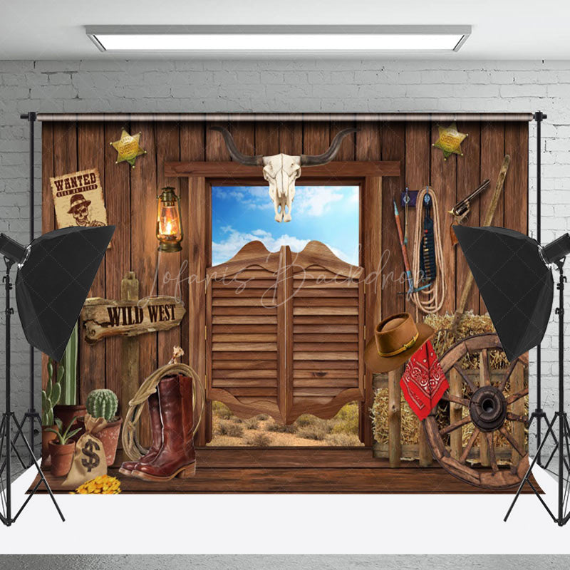 Lofaris Sky Western Cowboy Wooden Door Retro Wall Backdrop