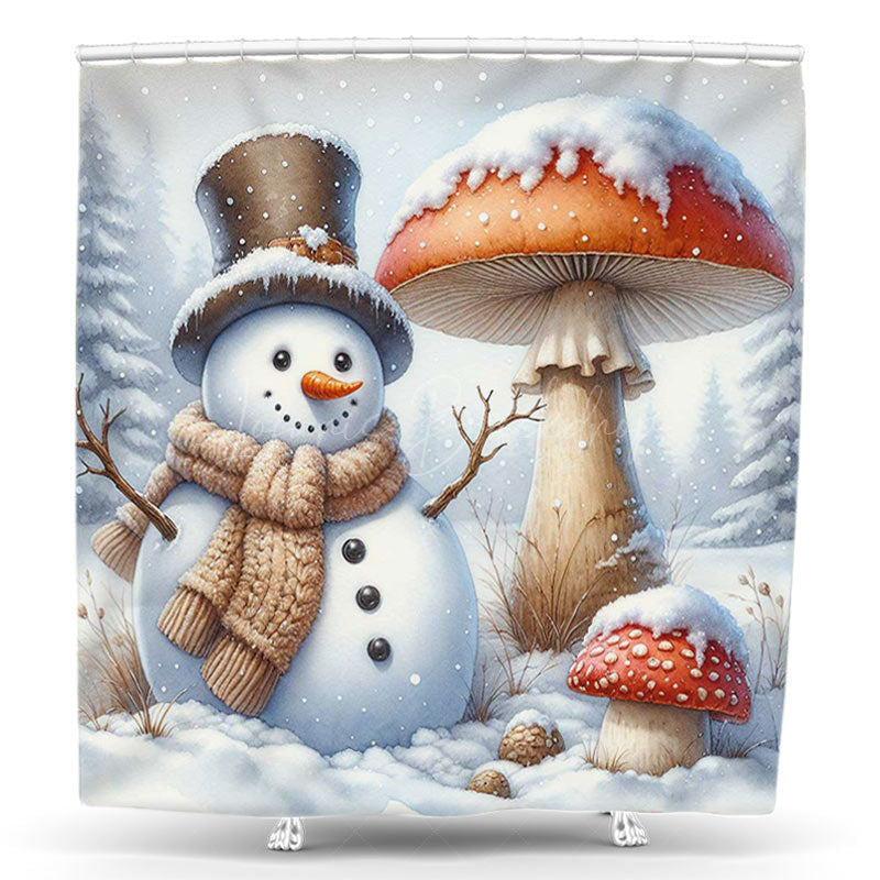 Lofaris Snow Field Snowman Mushroom Christmas Shower Curtain