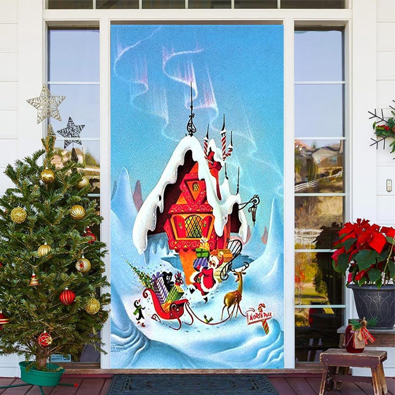 Lofaris Snow Mountains Santa House Christmas Door Cover