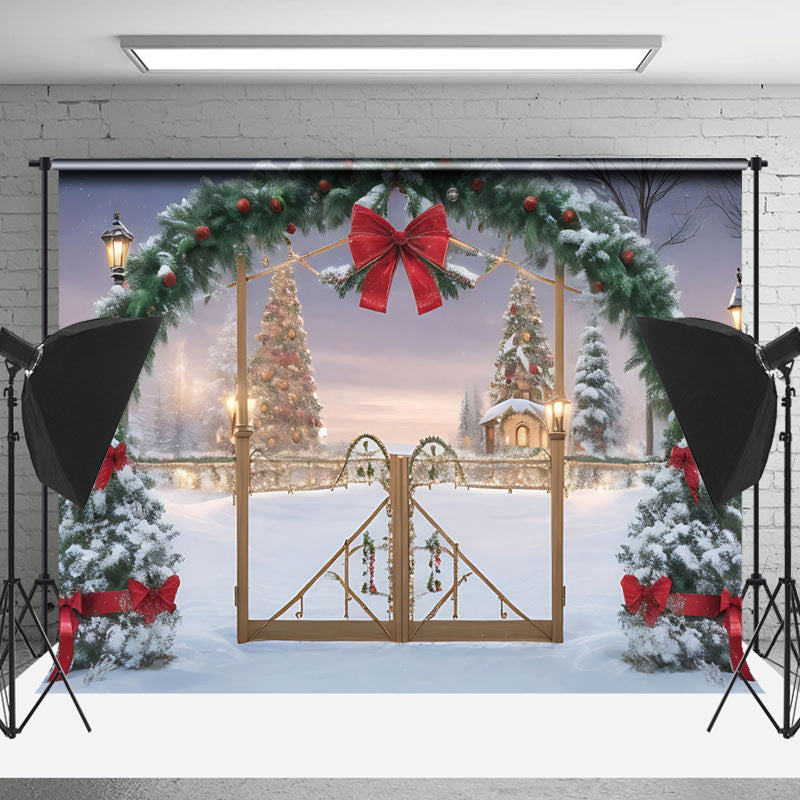 Lofaris Snow Scene Arch Pine Leaf Red Bow Christmas Backdrop