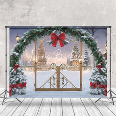 Lofaris Snow Scene Arch Pine Leaf Red Bow Christmas Backdrop