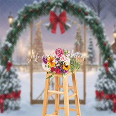 Lofaris Snow Scene Arch Pine Leaf Red Bow Christmas Backdrop