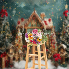 Lofaris Snow Wooden House Trees Green Christmas Backdrop