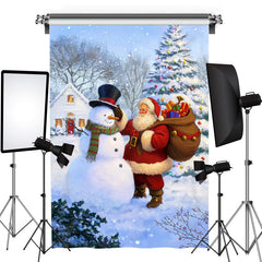 Lofaris Snowman And Santa Pine Tree Photo Christmas Backdrop