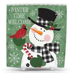 Lofaris Snowman Winter Bird Green Christmas Shower Curtain