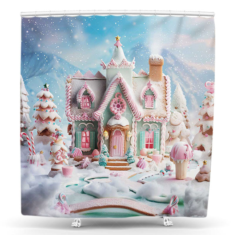 Lofaris Snowy Candyland House Trees Christmas Shower Curtain