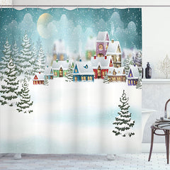 Lofaris Snowy Cartoon Town Forest Christmas Shower Curtain