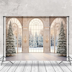 Lofaris Snowy Christmas Tree Winter Window Photo Backdrop