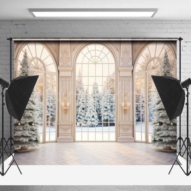 Lofaris Snowy Christmas Tree Winter Window Photo Backdrop