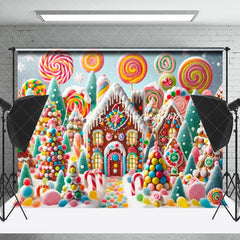 Lofaris Snowy Colorful Candyland House Christmas Backdrop