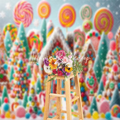 Lofaris Snowy Colorful Candyland House Christmas Backdrop