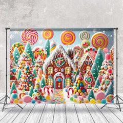 Lofaris Snowy Colorful Candyland House Christmas Backdrop