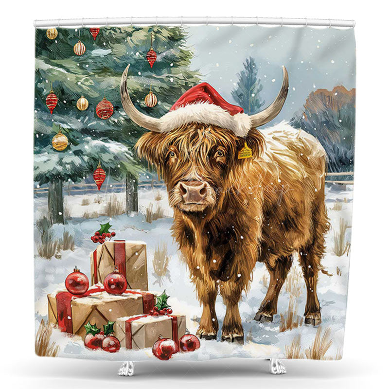 Lofaris Snowy Field Cow Trees Gifts Christmas Shower Curtain