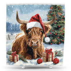 Lofaris Snowy Field Trees Gifts Cow Christmas Shower Curtain