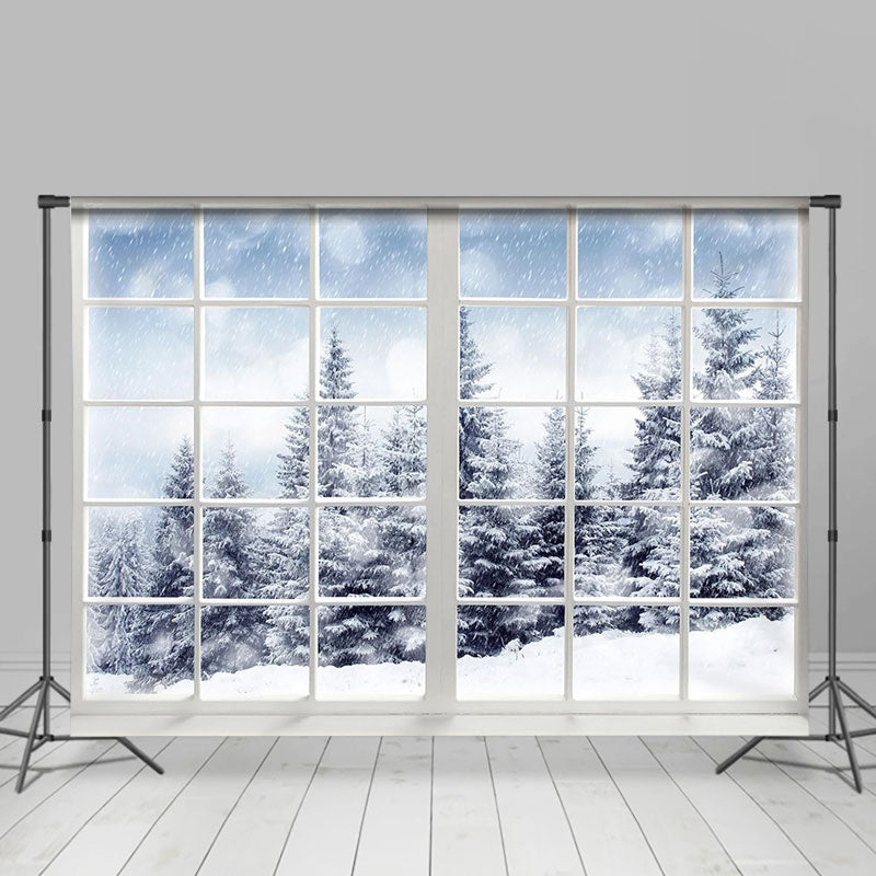 Lofaris Snowy Forest White Window Wonderland Winter Backdrop