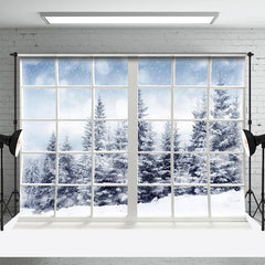 Lofaris Snowy Forest White Window Wonderland Winter Backdrop