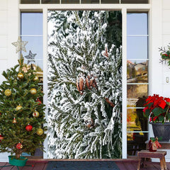 Lofaris Snowy Green Leaves Winter Merry Christmas Door Cover