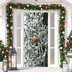 Lofaris Snowy Green Leaves Winter Merry Christmas Door Cover