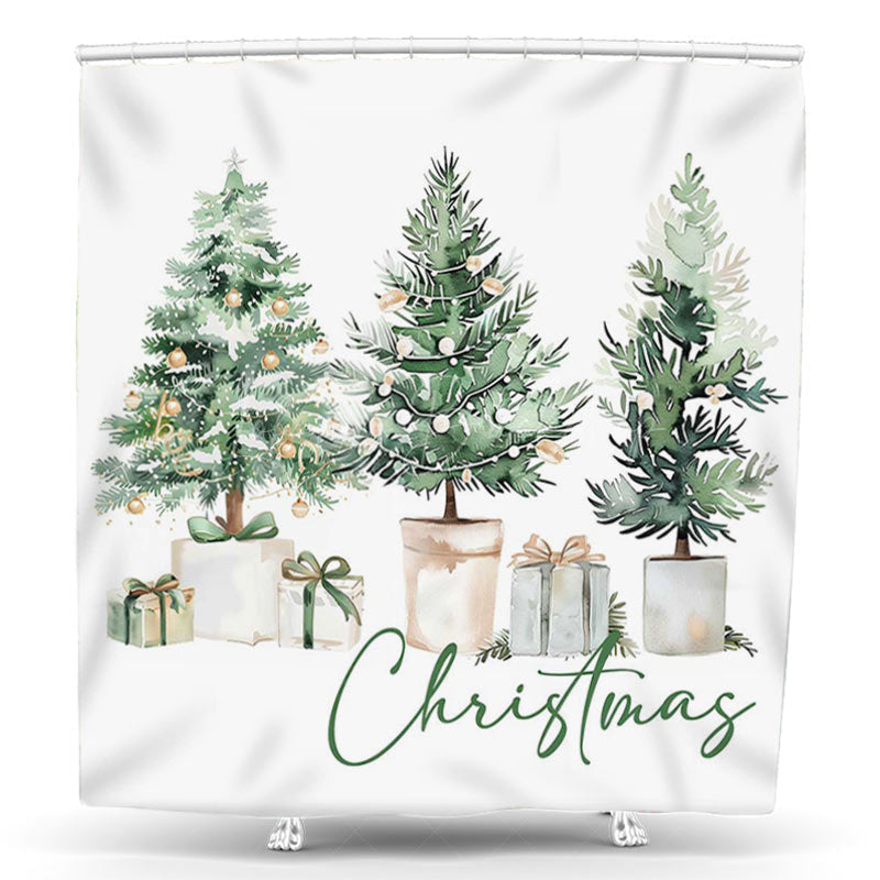 Lofaris Snowy Green Xmas Trees Gift Christmas Shower Curtain