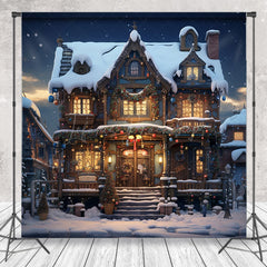 Lofaris Snowy House Dark Night Winter Christmas Backdrop