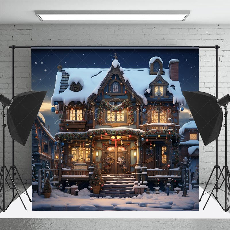 Lofaris Snowy House Dark Night Winter Christmas Backdrop