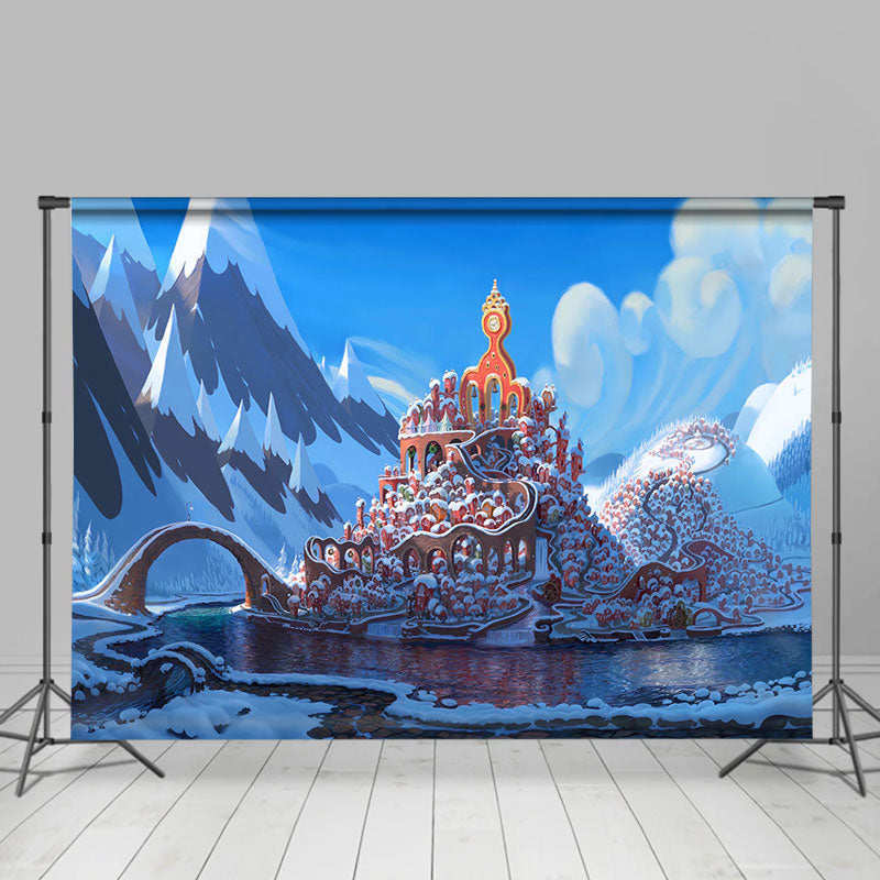 Lofaris Snowy Mountain River Red Castle Christmas Backdrop