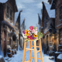 Lofaris Snowy Old Town Street Winter Photography Backdrop