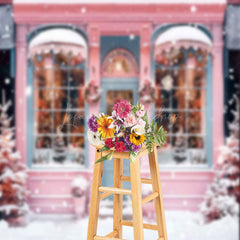 Lofaris Snowy Pink Blue House Tree Winter Christmas Backdrop