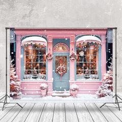 Lofaris Snowy Pink Blue House Tree Winter Christmas Backdrop