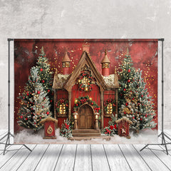 Lofaris Snowy Red Brown House Trees Christmas Photo Backdrop