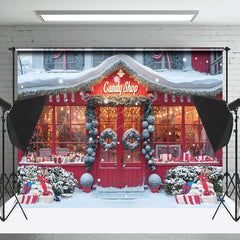 Lofaris Snowy Red Wooden Candy Shop Grass Christmas Backdrop