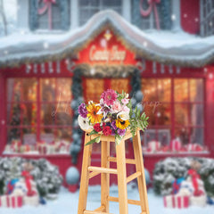 Lofaris Snowy Red Wooden Candy Shop Grass Christmas Backdrop