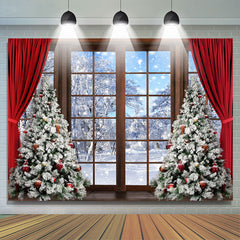 Lofaris Snowy Scene Wood Window Christmas Tree Curtain Backdrop