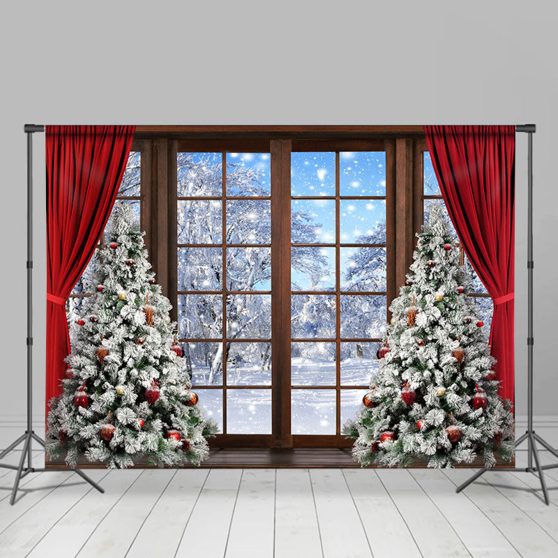 Snowy Scene Wood Window Christmas Tree Curtain Backdrop - Lofaris