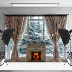 Lofaris Snowy Trees Fireplace Curtain Window View Backdrop