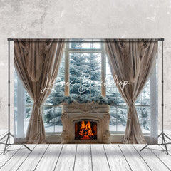 Lofaris Snowy Trees Fireplace Curtain Window View Backdrop