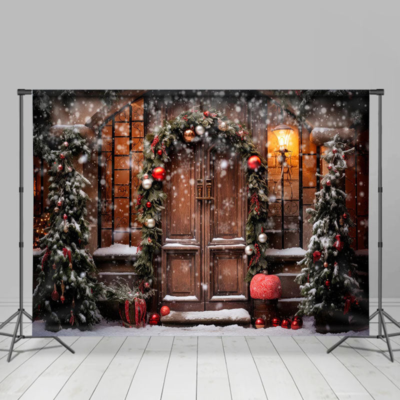 Lofaris Snowy Wooden Door Light Winter Christmas Backdrop