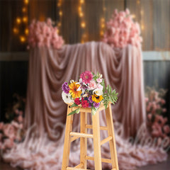 Lofaris Soft Pink Gauze Roses Wood Wall Floral Backdrop